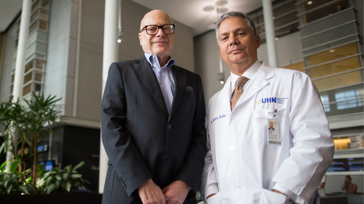 Dr. Harry Rakowski (left) and Dr. Barry Rubin stand together in the lobby of the Munk Cardiac Centre.